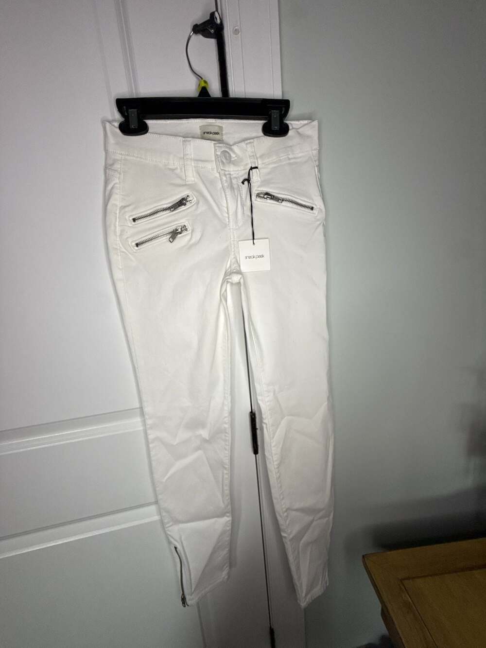 Sneak Peek White Biker Moto Skinny Ankle Jeans with Zip Pockets